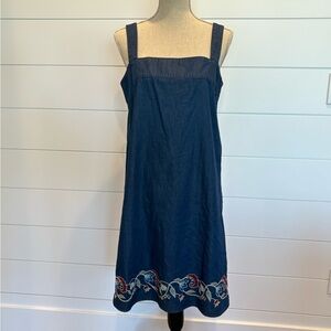 Pendleton Blue Tank Midi Dress with Floral Embroidery Size Small 100% Cotton